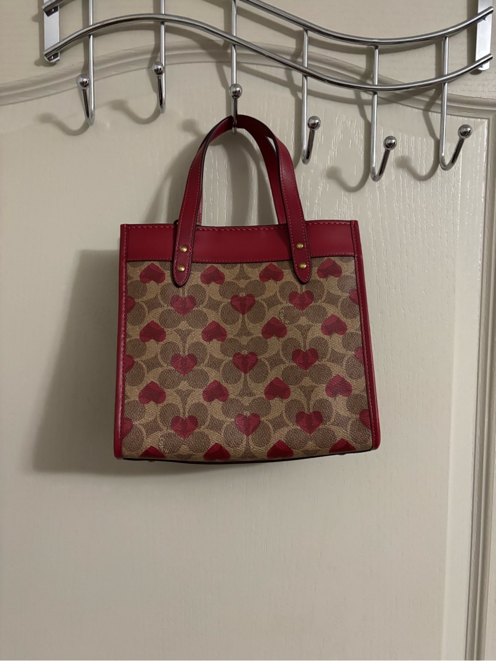 Coach Red Heart-Print Canvas Tote with Red Leather Trim